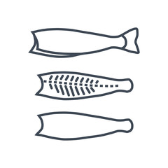 thin line icon raw fish processing, cutting and filleting fish