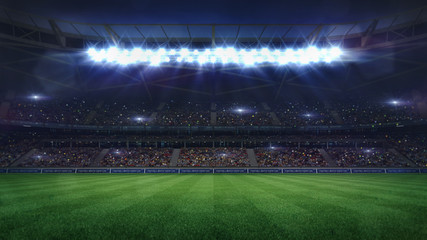 grand football stadium middle view illuminated by spotlights and empty green grass - obrazy, fototapety, plakaty