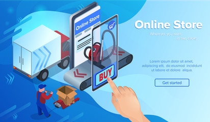 Online Shopping Concept. Buy Vacuum Cleaner with Mobile App. Worker Delivers Order by Truck. Internet Store in Smartphone. Electronics Store Online. Marketing and Commerce. Isometric Vector EPS 10.