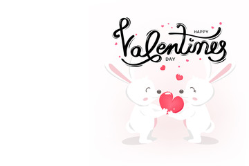 Happy Valentines day, cute white bunny, typography greeting card with handwritten calligraphy, decoration using for lovers, holiday background vector illustration
