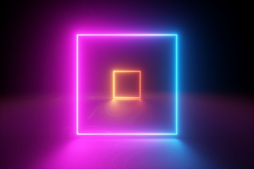 3d rendering, yellow pink blue squares, neon light, blank frames, abstract ultraviolet background, glowing lines, vibrant colors, empty room, tunnel, corridor, night club interior, fashion podium