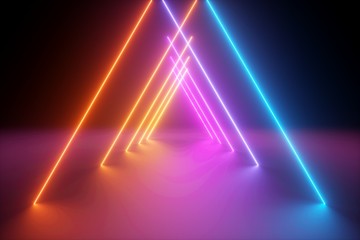 Fototapeta na wymiar 3d render, yellow pink blue neon light, abstract ultraviolet background, triangle shape, dynamic glowing lines, psychedelic vibrant colors, show stage, tunnel, corridor, night club interior