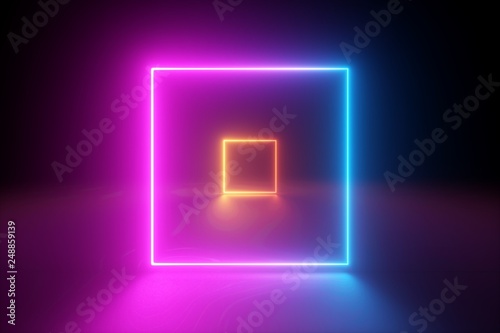 3d Rendering Yellow Pink Blue Squares Neon Light Blank