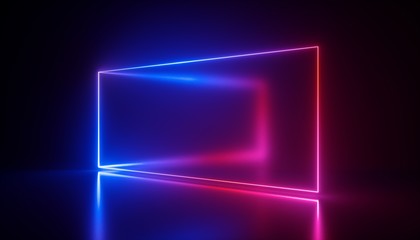 Naklejka premium 3d rendering, neon lights, abstract ultraviolet background, laser show, rectangular blank frame, virtual reality screen, glowing lines, floor reflection, vibrant colors