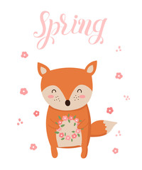 Vector poster with cartoon cute fox and spring slogan.