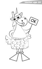 funny cartoon outlined unicorn snorkeler with mask and fins