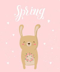 Vector poster with cartoon cute rabbit and spring slogan.