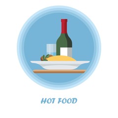 First course flat vector illustration. Hot meal with wine bottle, glass. Catering serving. Dinner, supper food dish. Garnish. Cartoon plate of couscous. Restaurant, cafe, bistro menu isolated clipart