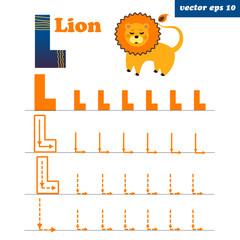 L letter with funny cartoon lion character