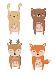 Vector collection of cartoon cute animals with flower wreath