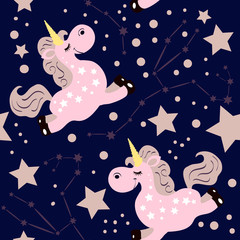 Cartoon style seamless pattern with unicorn on dark