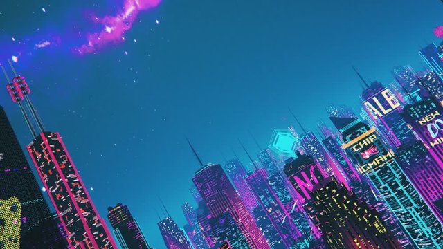 Neon lights of futuristic city, aircraft perspective, lots of ads, holograms. Loopable synthwave 3D city, beautiful pink and purple background