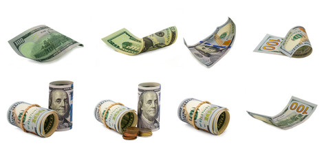 Close-up isolated US dollar banknotes collection on white background. Clipping path- Image