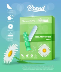Chamomile Hygienic Tampons with Applicators. Breathing, Soft and Cotton Icons. Comfort and Protection. Menstruation Blood Absorbent. Pack Feminine Hygiene Products. Green Banner Ad. Vector EPS 10. © Mykola