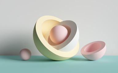 3d render, abstract background, ball, primitive geometric shapes, pastel color palette, simple...