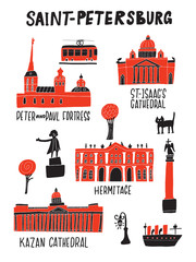 Saint Petersburg. Funny doodle illustration of different petersburg famous attractions. Vector.