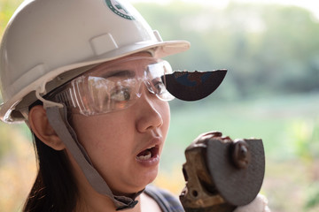 Wear safety glasses saved this technician woman is eye while working because plugin cutting disc...