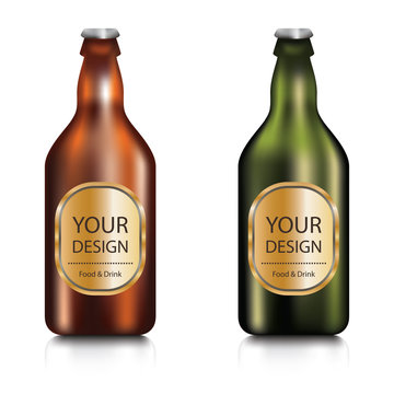 Set of realistic green and brown blank glass beer bottle with labels on a white background.