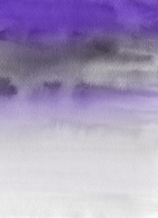 Violet ink and watercolor textures on white paper background. Paint leaks and ombre effects. Hand painted abstract image.