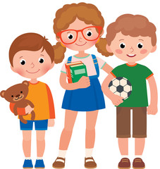 Three children, a little boys and a girl, pupils of elementary school or a preschool with a schoolbag, books and a toy