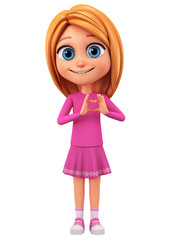 Character cartoon girl in pink sweater gives heart. 3d rendering. Illustration for advertising.