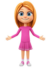 Character cartoon girl in a pink sweater in confusion. 3d rendering. Illustration for advertising.
