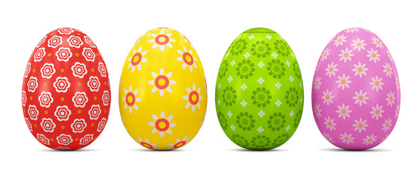 Four Easter eggs on a white background. 3d rendering. Illustration for advertising.