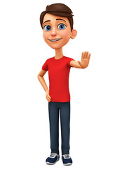 Cartoon character guy shows hand stop on a white background. 3d rendering. Illustration for advertising.