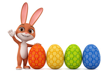 Cartoon character bunny and four easter eggs on white background. 3d rendering. Illustration for advertising.