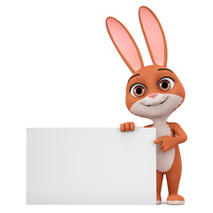 Obraz premium Cartoon character rabbit points to an empty board. 3d rendering. Illustration for advertising.