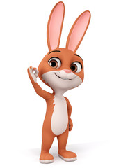 Cartoon character rabbit shows okay on a white background. 3d rendering. Illustration for advertising.