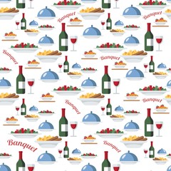 Catering and restaurant seamless vector pattern. Wine bottles, salad, hot dishes, tray with lid. Food, meal items background, backdrop. Banquet. Wrapping paper, kitchen textile, wallpaper, design idea
