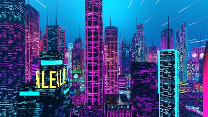 Multi-colored neon lights of futuristic synthwave city, flying among skyscrapers. Synthwave 3D city, beautiful pink and purple background - Powered by Adobe