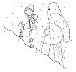 Cartoon stick figure drawing of mountain climber, mountaineer or alpinist walking with equipment uphill in snow followed by yeti or abominable snowman. - obrazy, fototapety, plakaty