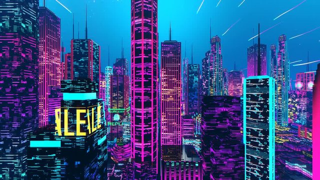 Multi-colored neon lights of futuristic synthwave city, flying among skyscrapers. Synthwave 3D city, beautiful pink and purple background