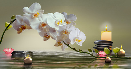 Wandbild mit Orchideen, Steinen im Wasser und schwimmenden Kerzen
