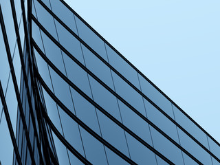 Fototapeta na wymiar 3D stimulate of high rise curve glass building and dark steel window system on blue clear sky background,Business concept of future architecture,lookup to the angle of the corner building.