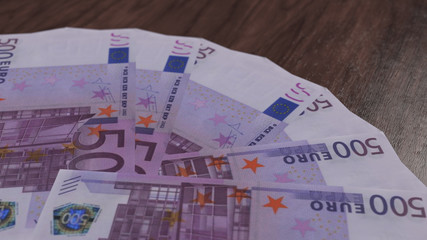 Banknote fan of five hundred euro on the wooden floor. 500 european cash currency 3D illustration, depth of field.