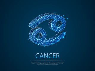 Cancer Zodiac low poly abstract illustration consisting of points, lines, and shapes in the form of planets, stars and the universe. Vector digit wireframe concept. business concept