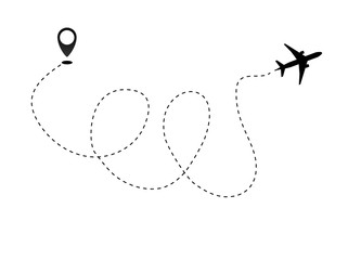 Airplane line path vector icon of air plane flight route dash line trace with start point .