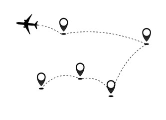 Airplane line path vector icon of air plane flight route dash line trace with start point .