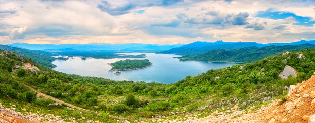 Amazing nature landscape, Slano or Solt lake (Slansko jezero) in Montenegro near Niksic, scenic panoramic aerial view, outdoor travel background