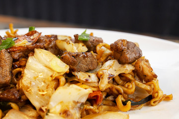 Traditional beef yakisoba. Japanese and Chinese Pasta