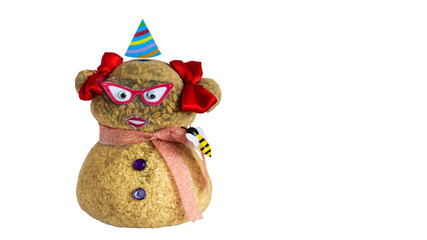 Funny handmade doll made from stockings stuffed with wood shavings and wheat seeds that will sprout...