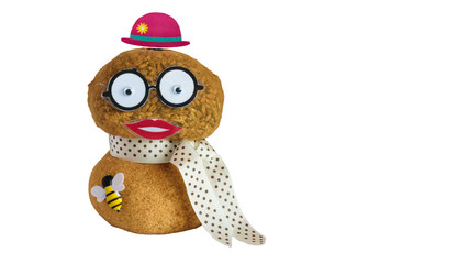 Funny handmade doll made from stockings stuffed with wood shavings and wheat seeds that will sprout...