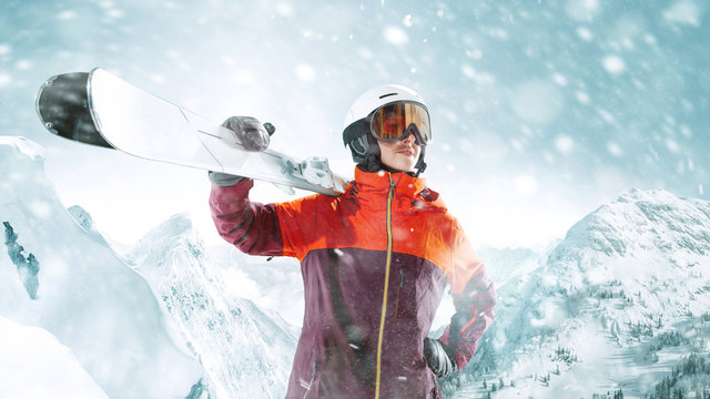 Female skier standing with skies in one hand on background of beautiful mountain landscape. Winter, ski, snow, vacation, sport, leisure, lifestyle concept
