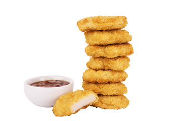 Pile of chicken nuggets isolated on a white background. Copy space for your text or your image. Cut out.