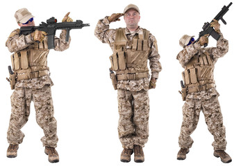 Set of military soldiers in uniform, ready to fight. Isolated on white background. This a montage with the same model.