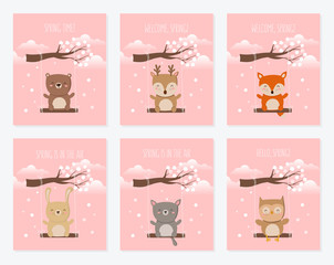Vector poster collection with cute animals and spring slogan