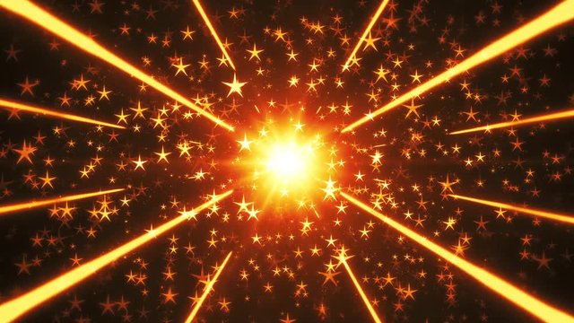 Festive Holiday Stars Background Loop/ 4k animation of an abstract colorful and bright background with fractal motion of stars and sunbeams festive elements seamless looping